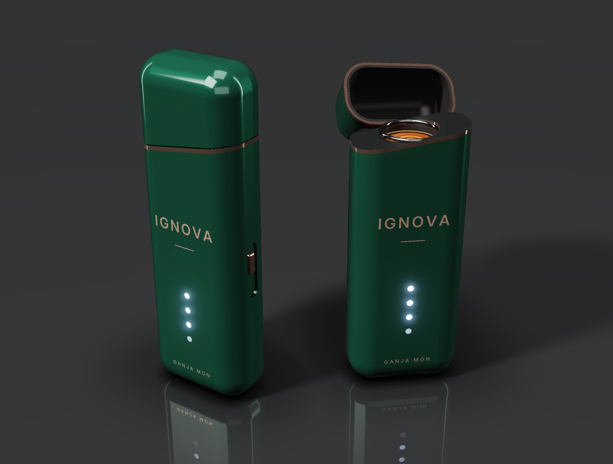 Two IGNOVA lighters in British racing green with copper trim, one closed and one open showing the glowing ceramic core.